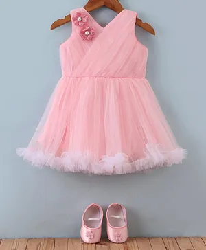 Bluebell Net DC Sleeveless Party Frock With Booties & Floral Applique - Peach