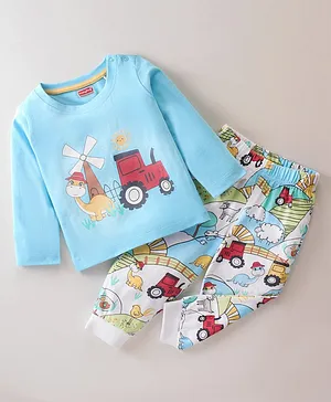 Babyhug Single Jersey Knit  Full Sleeves Night Suit with Tractor & Dino Print - Blue