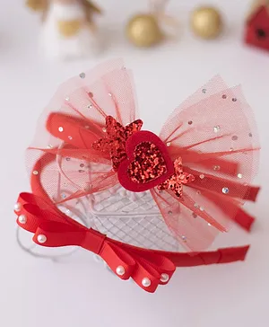 Ribbon candy Christmas Theme Set Of 2 Pearl Detailed Shimmer Heart Embellished Hair Bands - Red