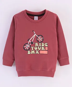 Pink Rabbit Looper Full Sleeves Sweatshirt With Text Print - Red