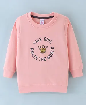 Pink Rabbit Looper Full Sleeves Sweatshirt With Text Print - Peach