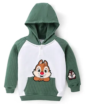 Babyhug 100% Cotton Knit Raglan Sleeves Sweatshirt With Hood & Squirrel Applique Detailing - Green & White