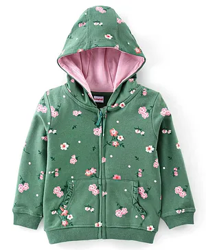 Babyhug Cotton Knit Full Sleeves Hooded Sweat Jacket with Front Zipper Floral Print - Green