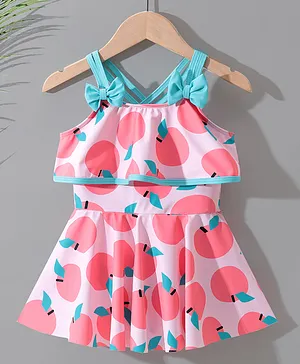 Kookie Kids Sleeveless Frock Swimsuit Apple Print & Bow Applique-  Pink
