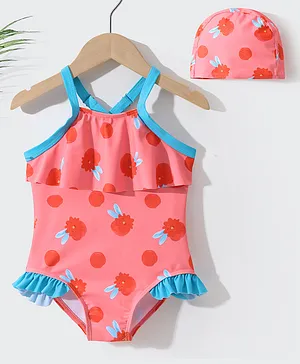 Kookie Kids Sleeveless V Cut Swimsuit With Cap Polka Dot Print- Red