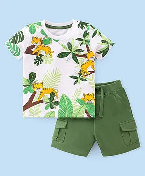 Babyhug Cotton Knit Half Sleeves T-Shirt & Shorts Tiger Printed - Green & White