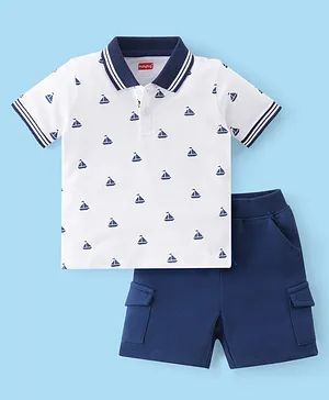 Babyhug Cotton Knit Single Jersey  Half Sleeves T-Shirt & Shorts With Boat Print - White & Navy Blue