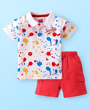 Babyhug 100% Cotton Knit Single Jersey Half Sleeves T-Shirt & Shorts With Text Embroidery & Colour Print - White & Red
