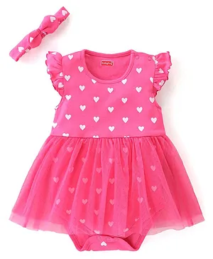 Babyhug 100% Cotton Knit Frill Sleeves Frock Style Onesie with Headband Heart Print - Pink