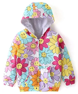 Babyhug Cotton Knit Full Sleeves Front Open Sweatjacket with Hood  Floral Print- Multicolour