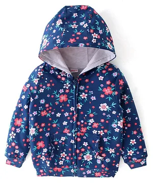 Babyhug 100% Cotton Knit Full Sleeves Front Open Hooded Sweatjacket with Zipper & Floral Print - Navy Blue