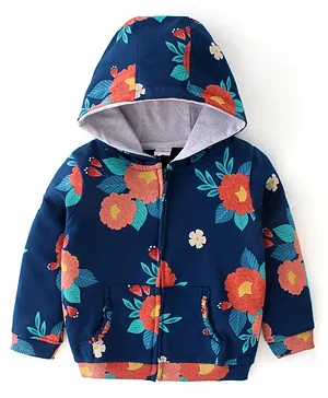 Babyhug Cotton Knit Full Sleeves Front Open Sweatjacket with Hood & Floral Print - Navy Blue