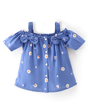 Babyhug Rayon Woven Off Shoulder Sleeves Top With Bow Detailing Floral Print - Blue