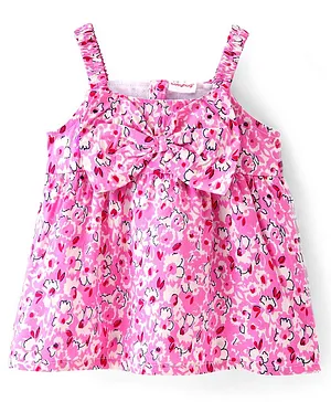 Babyhug Rayon Woven Sleeveless Floral Print Top with Bow Detailing - Pink