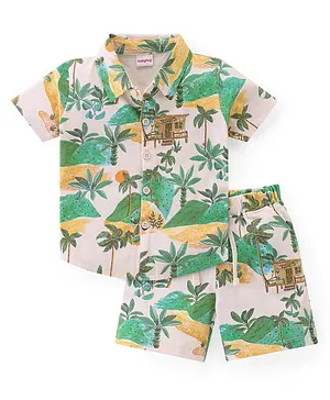 Babyhug Single Jersey Knit Half Sleeves Shirt And Shorts Set Palm Tree Print - Green & Beige
