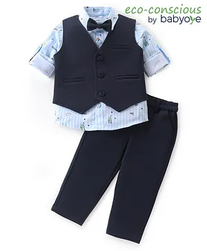 Babyoye Interlock Full Sleeves Three Piece Party Suit with Bow - Blue