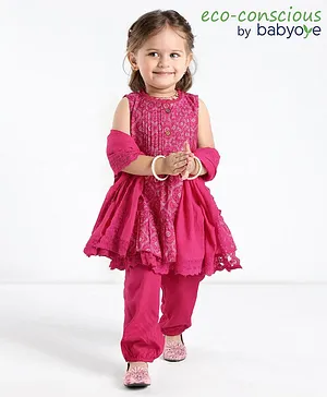 Babyoye Cotton Eco Conscious Sleeveless Bandhani Printed Kurti & Salwar Set with Dupatta - Pink