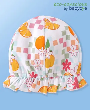 Babyoye Eco Conscious Interlock  100% Cotton Knit Cap with Eco Jiva Finish Cap Orange & Floral Print - White