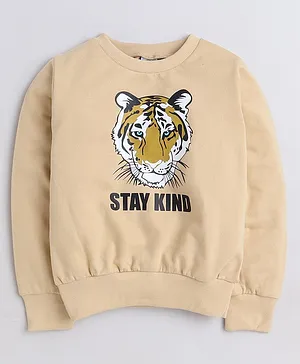 Aww Hunnie Full Sleeves Tiger Printed Cotton Terry Autumn Winter Sweatshirt - Beige