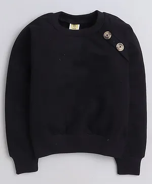 Aww Hunnie Full Sleeves Side Flap Style Button Detailed Cotton Terry Autumn Winter Sweatshirt - Black