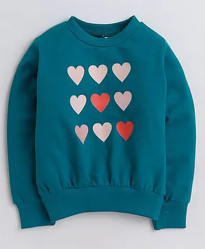 Aww Hunnie  Full Sleeves Hearts  Printed Cotton Terry Autumn Winter Sweatshirt -Green