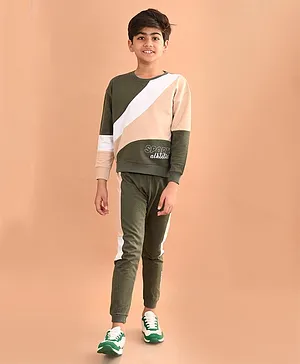 Lilpicks Couture Full Sleeves Placement Sport Athletic Printed Colour Blocked Terry Fleece Sweatshirt & Joggers Set - Green & Peach