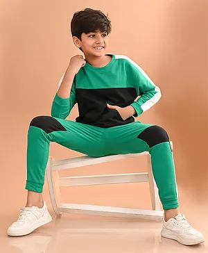 Lilpicks Couture Full Sleeves Colour Blocked Terry Fleece Sweatshirt & Joggers Set - Green & Black