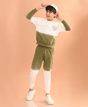 Lilpicks Couture Full Sleeves Placement ATHL Team Text Printed Colour Blocked Terry Fleece Sweatshirt & Joggers Set - Cream & Olive Green