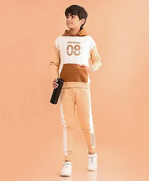 Lilpicks Couture Full Sleeves Placement Athletic Printed Colour Blocked Terry Fleece Hooded Sweatshirt & Joggers Set - Beige