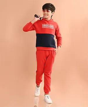 Lilpicks Couture Full Sleeves Placement Limitless Printed Colour Blocked Terry Fleece Hooded Sweatshirt & Joggers Set - Red