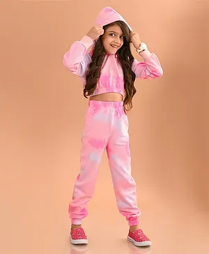 Lilpicks Couture Full Sleeves Tie Dye Hooded Sweatshirt With Coordinating Joggers Set - Pink &  Mutli Colour