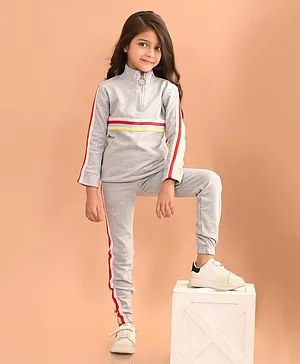Lilpicks Couture Full Sleeves High Neck  Placement Striped Sweatshirt With Terry Fleece Joggers Set - Grey Melange
