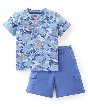 Babyhug 100% Cotton Single Jersey Knit Half Sleeves T-Shirt & Shorts Set Floral Print - Blue