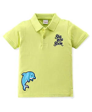 Babyhug 100% Cotton Knit Half Sleeves Polo T-Shirt With Graphics & Text Embroidery - Green