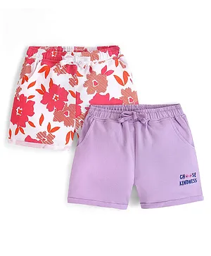 Honeyhap Premium 100% Cotton Looper Knit  with Bio Finish Mid Thigh Length Shorts Floral & Text Print Pack of 2 - Lavender & White