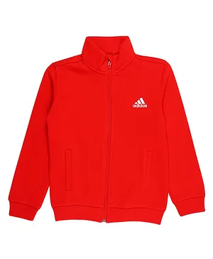 Adidas Kids Cotton Knit Full Sleeves Sports Jacket Logo Print - Red