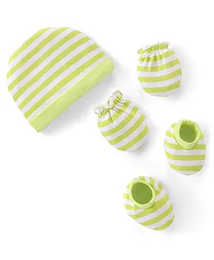 Babyhug 100% Cotton Knit  Cap Mittens & Booties Set Striped - Green  & White