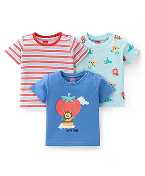 Babyhug 100% Cotton Knit Half Sleeves T-Shirt Stripes & Lion Graphics Pack Of 3 - Multicolor