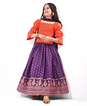 Earthy Touch 100% Cotton Knit Full Sleeves Choli Lahenga Set with Dupatta with Floral Print - Purple