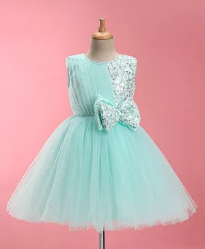 Bluebell Sleeveless Party Frock With Bow Applique & Sequin Detailing - Blue