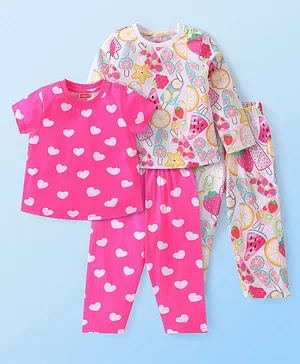Babyhug Cotton Knit Single Jersey Half Sleeves Night Suit With Heart & Ice Cream Print Pack Of 2 - Pink