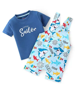 Babyhug 100% Cotton Knit Dungaree & Half Sleeves T-Shirt Set With Text & Shark Print - Blue