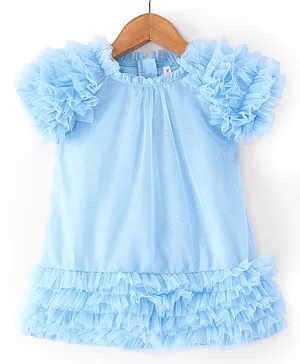 Babyhug Sleeveless A Line & Glittery Party Frock with Frill Detailing - Frozen  Blue