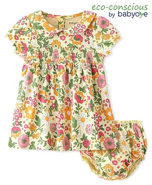 Babyoye Eco Conscious  100% Cotton with Eco Jiva Finish Half Sleeves Floral Printed Frock with Bloomer - Cream