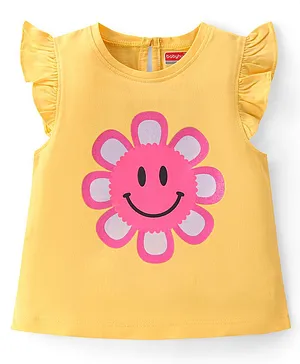 Babyhug Cotton Knit Half Sleeves Top with Frill Detailing & Floral Glitter Print - Yellow