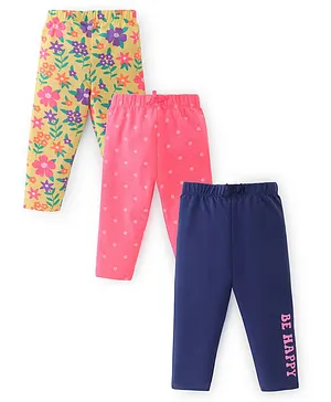 Babyhug Cotton Lycra Full Length Leggings With Text & Floral Print Pack Of 3 - Pink Navy Blue & Green