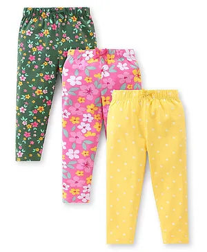 Babyhug Cotton Lycra Knit Full Length Leggings Floral & Dot Print Pack of 3  - Green Pink & Yellow