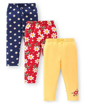 Babyhug Cotton Lycra Knit Full Length Leggings   Floral Print Pack of 3-  Blue Red & Yellow