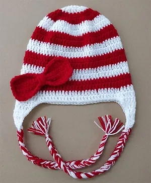 Little Peas Christmas Theme Bow Applique Striped Designed Handmade Acrylic Woollen Cap - Red & White
