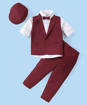 Babyhug Woven Full Sleeves Solid Color Party Suit with Stretch Waistcoat & Cap - White & Maroon